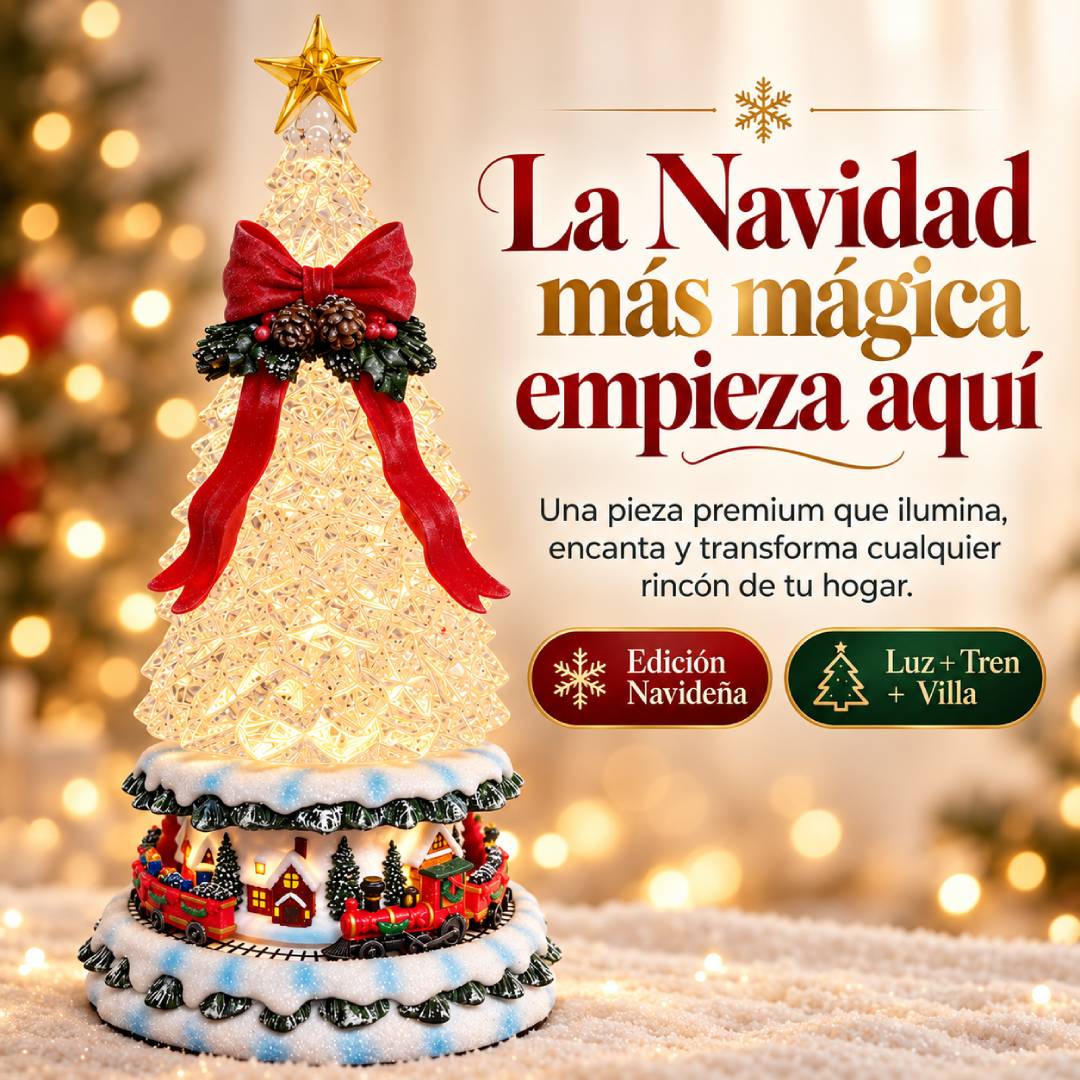 CrystalMagic Deluxe - Lámpara Navideña con Nieve Fluida y Tren Animado