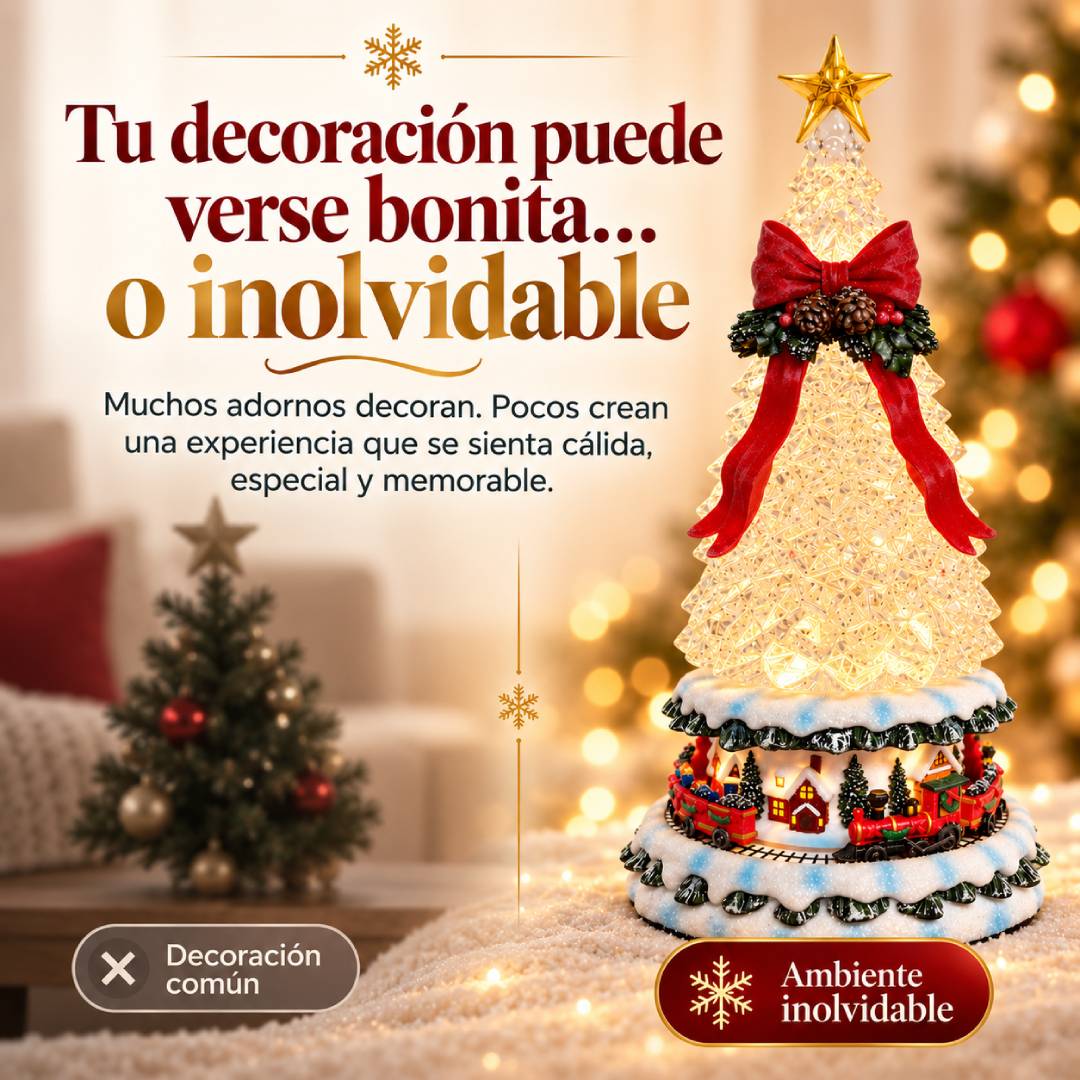 CrystalMagic Deluxe - Lámpara Navideña con Nieve Fluida y Tren Animado