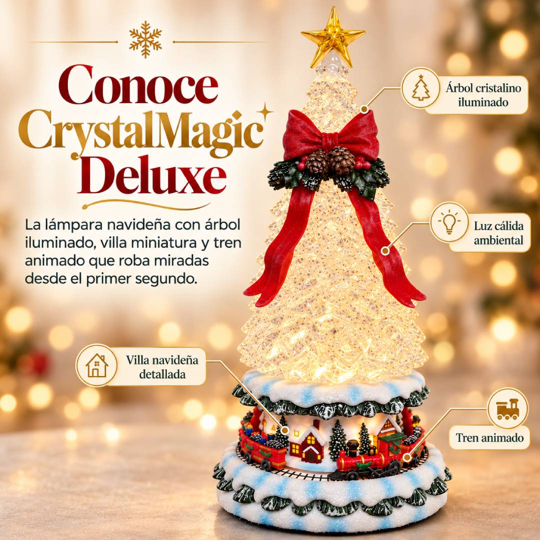 CrystalMagic Deluxe - Lámpara Navideña con Nieve Fluida y Tren Animado
