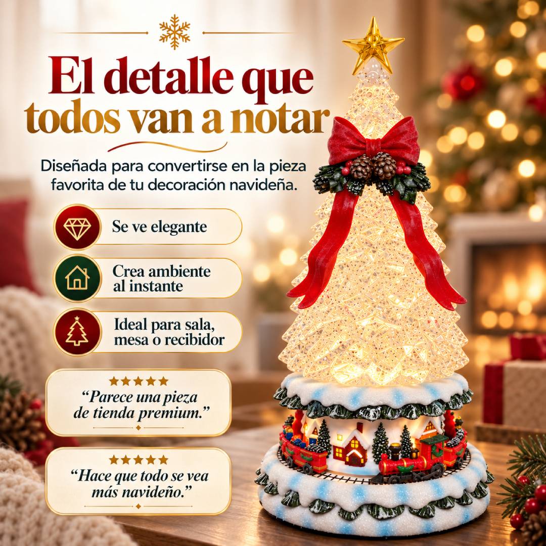 CrystalMagic Deluxe - Lámpara Navideña con Nieve Fluida y Tren Animado