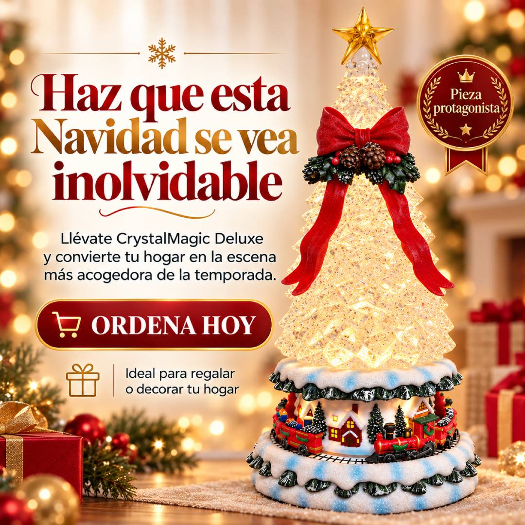 CrystalMagic Deluxe - Lámpara Navideña con Nieve Fluida y Tren Animado
